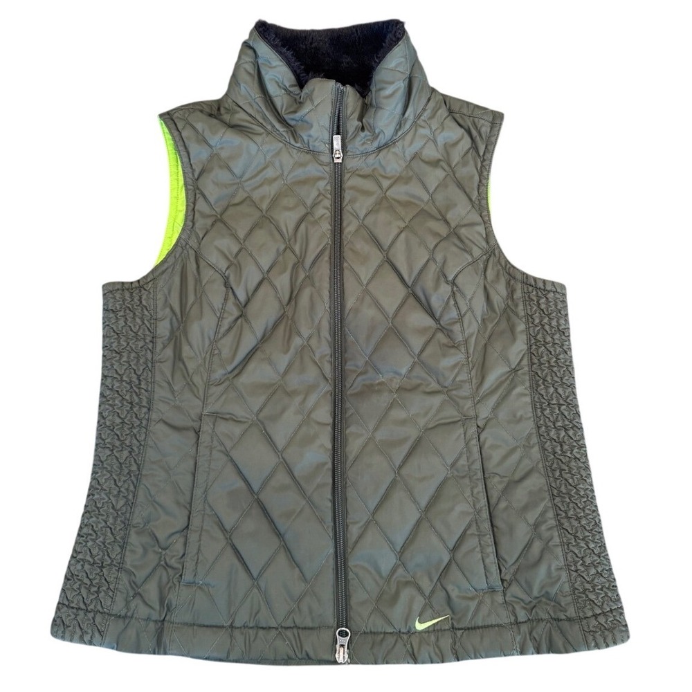 Nike Womens Quilted Puffer Vest Olive Green Lime Lining Faux Fur Collar Medium